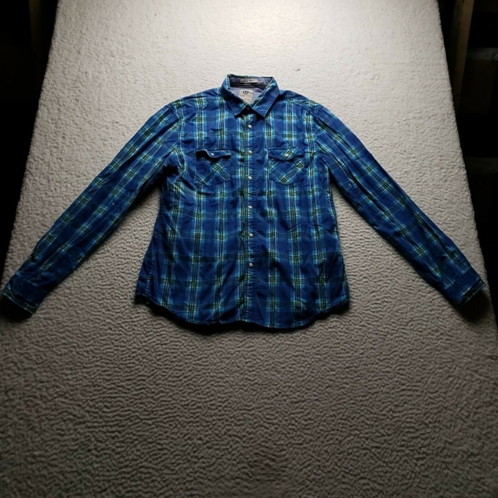 Cactus Shirt Mens Large Blue Green Plaid Cotton Long Sleeve Button-Up Casual